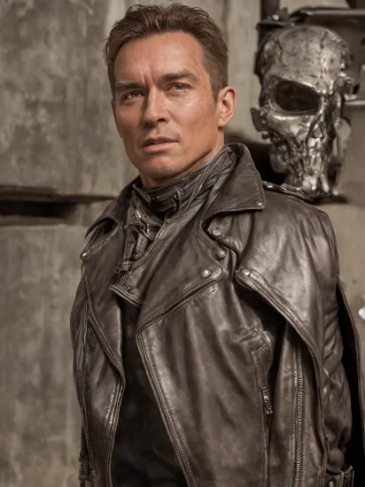 (masterpiece), 
A terminator in a leather jacket,
((upper body))
HDR, highly detailed, 32k, 
looking at viewer,