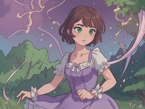 (RapunzelWaifu:1), tangled,  (Purple dress:1), (short hair, brown hair, green eyes:1), ((green eyes)), (purple dress:1), short hair, messy hair, (long princess dress), bare feet, cartoony facial features, large round eyes, brown hair, (realistic:1.2),  (masterpiece:1.2), (full-body-shot:1),(Cowboy-shot:1.2), light particles, magical forest background, neon lighting, dark romantic lighting, (highly detailed:1.2),(detailed face:1.2), (gradients), colorful, detailed eyes, (detailed landscape:1.2), (natural lighting:1.2),(detailed background),detailed landscape, (cute pose:1.2), (close shot), solo,     