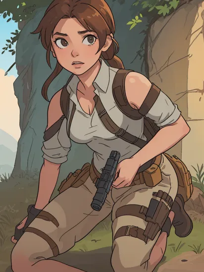 Photo of a female as Lara Croft, holding M4 carbine, kneeling down in cover, outdoor, sunny day, natural lighting, depth of field, concept art, digital painting, digital drawing, ultra quality, 