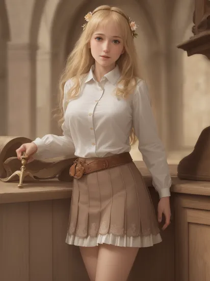masterpiece, best quality, photorealistic, , Joan of Arc, 1girl, blonde hair, long hair, hair ornament, hair flower, medium breasts, solo, cowboy shot, looking at viewer, slight smile, open mouth, collared_shirt, checked skirt, drawers, slouch socks, arms behind back