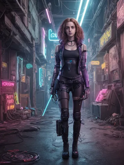 (raw photo:1.4) of Hermione Granger from the Harry Potter series is embodied by Emma Watson as a surreal (witch-cyborg:1.2) beneath a neon-lit bridge that spans a polluted river where an underground bazaar teems with black-market traders hawking illicit cybernetic enhancements and stolen data chips and holographic disguises while the constant drone of surveillance drones overhead keeps the transactions shrouded in secrecy, sfw, (cyberpunk:1.3), (neon lights:1.3), wearing a sleek neon-colored witch attire intricately etched with arcane symbols and runes, a cybernetic book interface implant behind her ear, an omnilingual holographic communicator embedded in her wrist, high-tech enchanted boots with hidden compartments, melding her wizarding origins with cutting-edge magical-infused technology