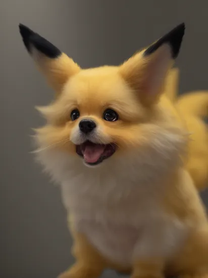 Horror-themed horror face Pikachu if it was a dog, cute fluffy yellow fur, cute face, photography analog  . Eerie, unsettling, dark, spooky, suspenseful, grim, highly detailed