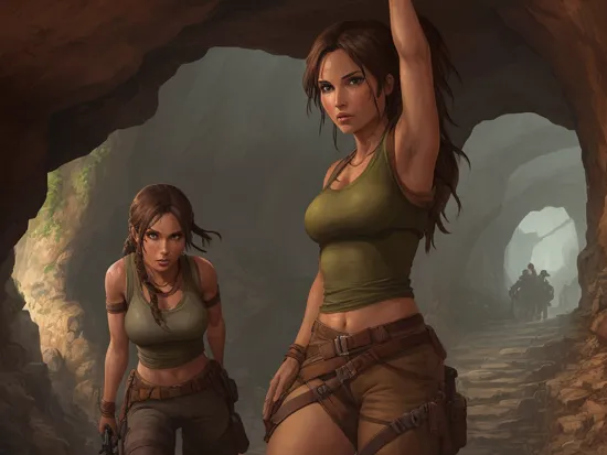 lara croft in a cave, style_tombraider