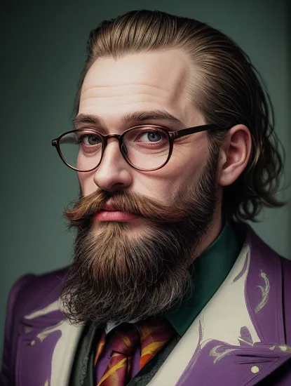 analog style, modelshoot style, portrait of sks man with beard and glasses painted like (The Joker:1) by Flora Borsi, style by Flora Borsi, bold, bright colours,  ((Flora Borsi)), 