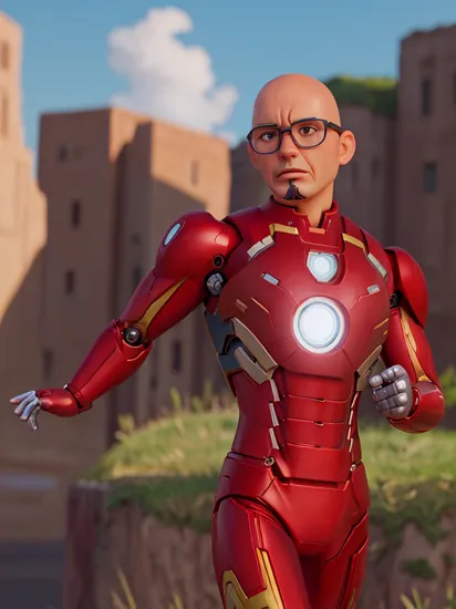 A upper body photo of man ( wearing a Iron Man suit without mask), cinematic composition, bald epic character composition, by ilya kuvshinov, alessio albi, nina masic, sharp focus, natural lighting, subsurface scattering, f2, 35mm, film grain, wearing glasses