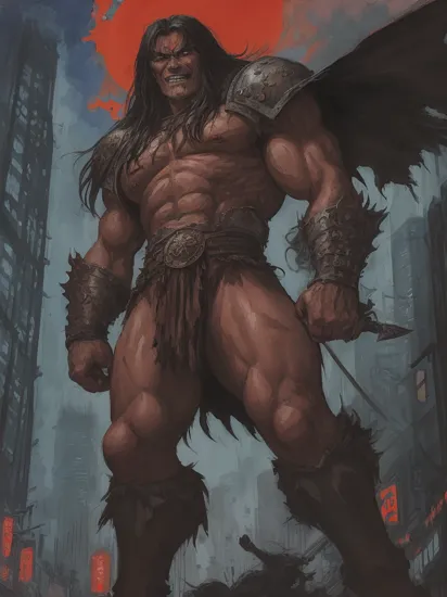 Conan the Barbarian as an evil terminator in the middle of a giant neogothic cyberpunk city, one bulging arm made of metal, smirking grin on his powerful face, one eye glows red, dark and moody, sketchy ink outlines, skyscrapers like giant towers of skulls behind him, watercolor wash with bright neon highlights, style of Junji Ito and Naoki Urasawa, loose painterly brush strokes full of emotion, ukiyoe influence