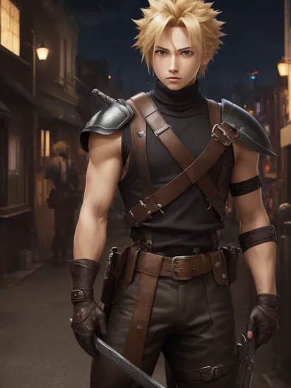 masterpiece, best quality, cloud strife, shoulder armor, sleeveless turtleneck, suspenders, belt, gloves, bracer, upper body, serious expression, looking at viewer, facing forward, city street, night, arms to side 