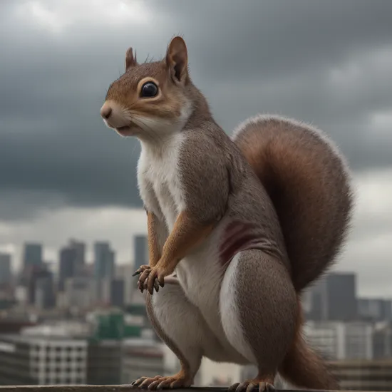 raw photo of a squirrel as the joker, heroic pose.  ruined city background, stormy sky. (high detailed skin:1.2), 8k uhd, dslr, soft lighting, high quality, film grain, Fujifilm XT3