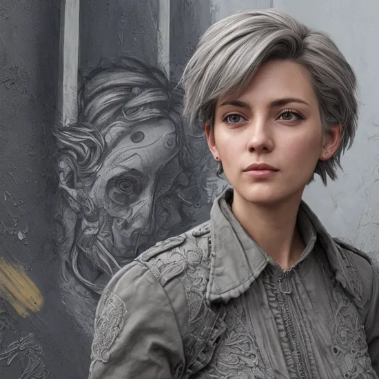street art of a hulking, trim, Sleepy Aircrew woman, Convoluted, :d, with short gray hair wearing frills , digital art, highly detailed, fine detail, intricate, outrun, vaporware