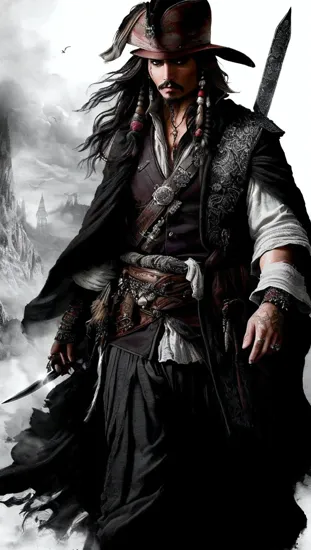 Johnny Depp, Wandering swordsman, (ink wash painting style), ((enigmatic male @JohnnyDepp)), black garb, mysterious birds, (poised demeanor), traditional sword, (aura of solitude), misty ambiance.
