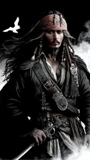 Johnny Depp, Wandering swordsman, (ink wash painting style), ((enigmatic male @JohnnyDepp)), black garb, mysterious birds, (poised demeanor), traditional sword, (aura of solitude), misty ambiance.