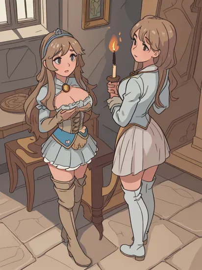 picture of 1 girl maja,  long brown hair with platinum highlights, large breasts , wearing (Cinderella outfit:1.3) , (cloth bulge:1),  , (erect penis under skirt), (over the knee boots:1.2), castle interior, candlelight, castle, standing on marble floor, RAW photo, subject, (high detailed skin:1.2), 8k uhd, dslr, soft lighting, high quality, film grain, Fujifilm XT3