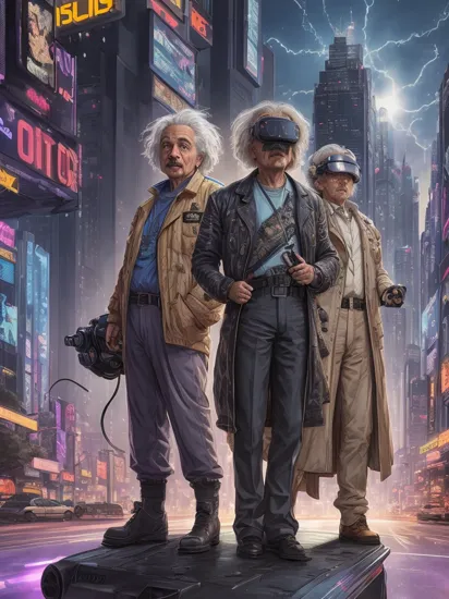 Albert Einstein as Doc from Back to the Future,  wearing VR helmet,  standing beside the delorean,  cyberpunk 2077 cityscape,  art by Masamune Shirow,  art by J.C. Leyendecker