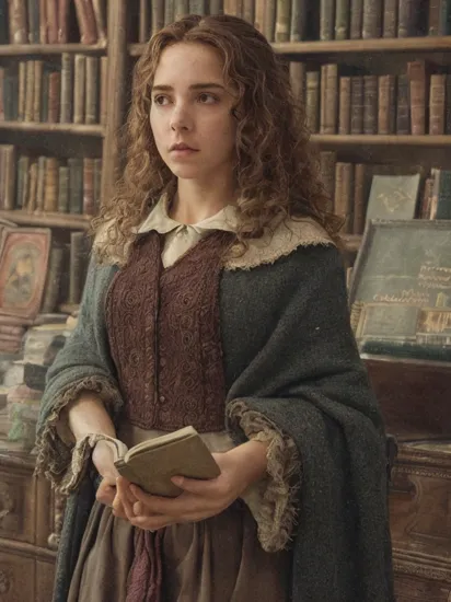 painting, hermione granger, adult mature woman, dimly lit library, reading a book, comfy, relaxing tones, quill, desk, bookshelves with colorful books, detailed frizzy brown curly hair, detailed face like supermodel bimbo, concentrating serious expression, detailed body, hourglass figure, hogwarts wizard cloak, skirt, shirt, detailed cloth folds, embroidery on cloth, old dusty foggy foreboding library, dark, cinematic, moody, hdr, vivid colors