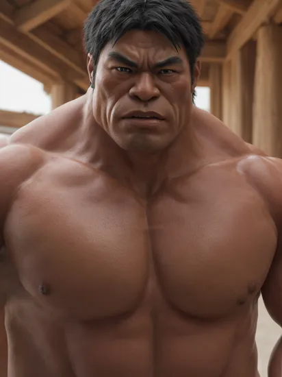 upper body photo of Japanese hulk, high detail, 8k, best quality, masterpiece, ultra highres, photorealistic, realistic 