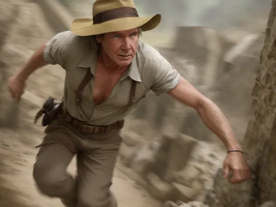 (Harrison Ford:1.1) as Indiana Jones, hat, crawling out of rubble from within ancient Mayan ruins, blurry, movie still, motion blur