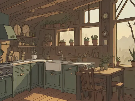 magicalinterior style, kitchen, kitchen decor, kitchen design, window, scenery, plant, table, bottle, sunlight, chair, house interior, indoors, cottage interior, treehouse interior, dark, gothic, Goth, luxury, fantasy, magic, Harry Potter, Slytherin, Lord of the rings, LOTR