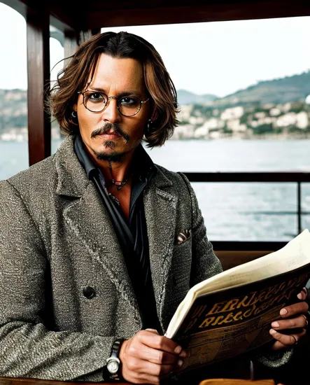 Johnny Depp, Fashion-forward intellectual @JohnnyDepp, oversized glasses, turtle-neck, patterned blazer with fur detail, holding newspapers, vintage watch, smoking, textured stone backdrop, overcast lighting, styled in a mix of classic and bold fashion choices, mid-shot, capturing an air of casual elegance.