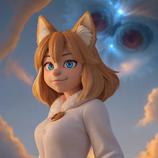 <lora:Averiv0.9:0.8>, foxgirl, 1girl, fox (Anthro, chest fluff, fluffy ears,realistic proportions, anthro proportions, furry, crazy, no pupils, no iris, Aniridia, Aniridia syndrome, lifeless eyes, evil, scheeming, saitama, ultra instinct, raw power, hyper power, serious, glowing eyes, glowing blue eyes), good quality, hq, fur reflecting lights, clouds, shading, vignette, looking at viewer, complex background, blue atmosphere, low-tier god, god, vibrant colors, black clouds, lightning, lightning from the sky, glow, character glow, smug, smirk, dead eyes, eye contact, dead look into viewer, strong wind, from below pov, night, noon, spark of light, realistic, hyperrealistic, hyperrealism, illustration, masterpiece, artwork, bright, fur reflecting light, sun rays, light rays,