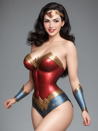 wonder woman, 50s style, black hair, blue eyes, beautiful, ((highest quality, high quality:1.3)), smiling, perfect female figure, large bosoms