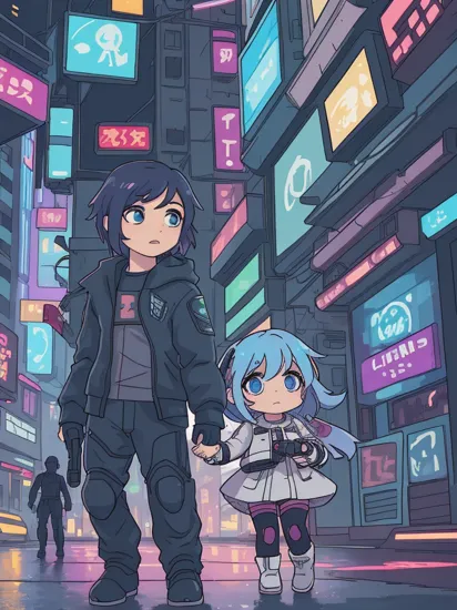Two people, chibi Cortana and Master Chief in a cinematic action shot, kawaii toy dolls, chibi, picture, HDR colours, cyberpunk cityscape in the background, cyberpunk surroundings, futuristic cyberpunk art style, raw photo, detailed, intricate, multicolor neon lights,  night time, water reflections, dark atmosphere 