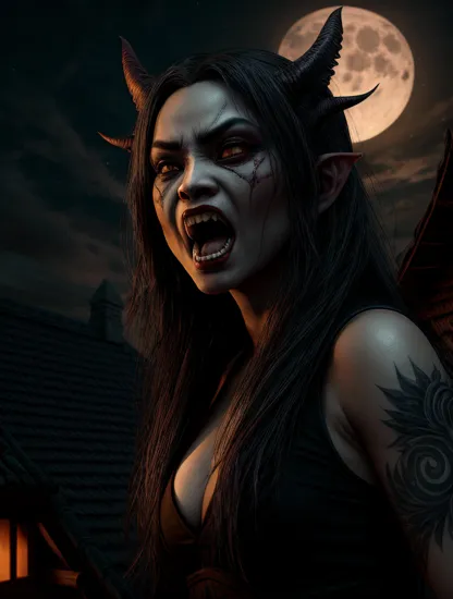 Aswang, female scary creature with fangs, at the roof of a house, full moon in the background, dark, macabre, horror, haunting, Philippines Folklore, hyperrealism, photorealistic, 8k, unreal engine, 3d render --ar 9:16 --niji 5 --style expressive --s 400