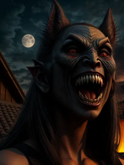 Aswang, female scary creature with fangs, at the roof of a house, full moon in the background, dark, macabre, horror, haunting, Philippines Folklore, hyperrealism, photorealistic, 8k, unreal engine, 3d render --ar 9:16 --niji 5 --style expressive --s 400
