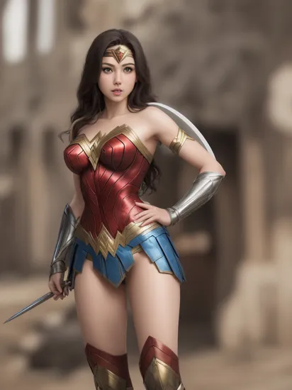 enako wearing (wonder woman) costume, (8k, RAW photo, best quality,  masterpiece:1.2), (realistic, photo-realistic:1.37), best quality, ultra high res, light leaks, dynamic lighting, slim, smooth skin, (pureerosface_v1:1), kpop idol,(beautiful detailed face:1),(freebuffing:1.2), outdoors, ulzzang-6500, 1girl, full body, from front, front view, (round face:1.2), (round chin:1.2), , 