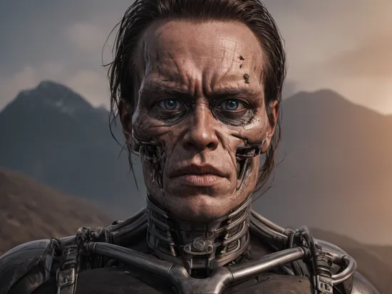 Portrait of a T-800, Terminator, skin over a Metal Skull, in mountains, symmetry, (cinemahelper:1.1)