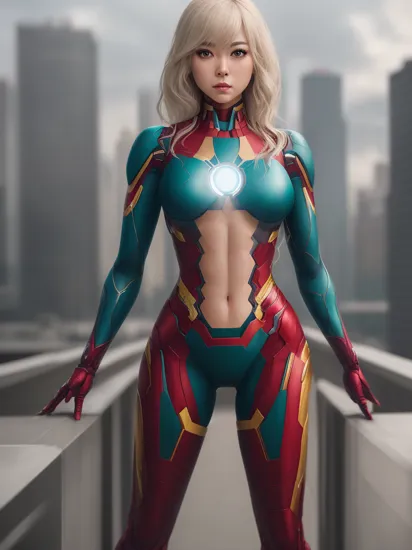 RAW photo, photo-realistic, ((Roseann Park)) as Spider Gwen, (teal  base suit color), ((armor, iron man, iron spider,)), high heels((stilleto, platfoms)), spider, super hero, full body suit, medium white hair, beautiful face, rain, rooftop perch, masterpiece, intricate detail, perfect anatomy, , , ((masterpiece, best quality, highres, adult female)), realism, 1girl, TONED ABs, beautiful, intricate details, depth of field, 8k uhd, dslr, soft lighting, high quality, film grain, Fujifilm XT3