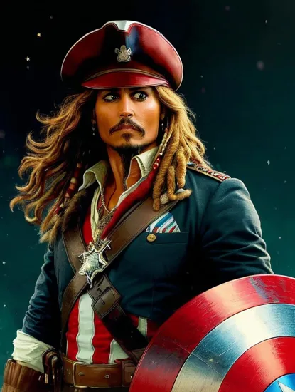Johnny Depp, Captain America @JohnnyDepp, his uniform a patriotic mix of red, white, and blue, with a star centered on his chest. His shield, both a defensive and offensive weapon, is a testament to his unyielding spirit and dedication to protecting freedom and justice.