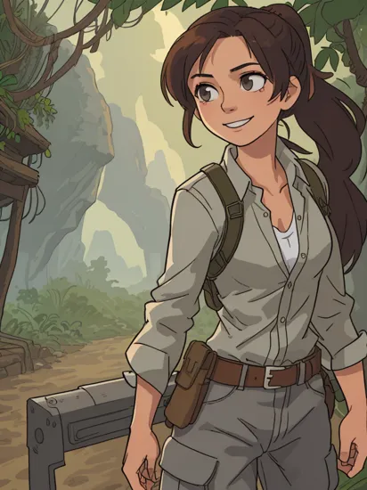 hdr, lara croft, ponytail, looking at viewer, smiling, cowboy shot,  
wearing grey long sleeve shirt, cargo pants, holster, belt, 
outside, jungle, temple, wonderous ambiance, bounce lighting, extremely detailed,