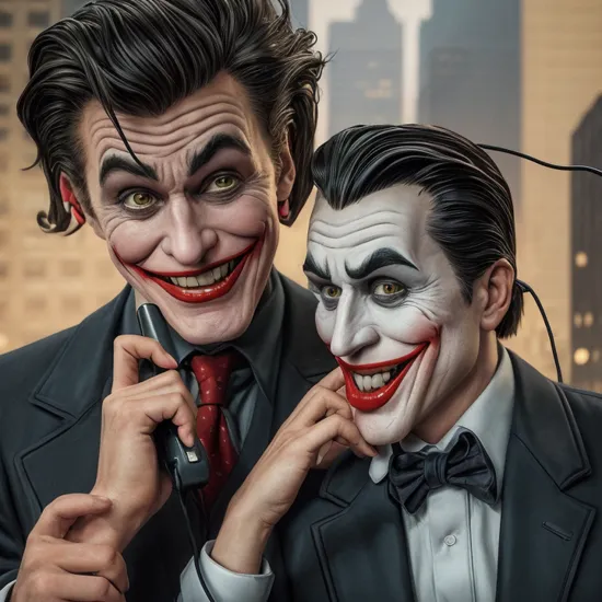 Hyperrealistic art of  
In Gotham City a cartoon joker talking on a corded phone Batman The Animated Series Style, Extremely high-resolution details, photographic, realism pushed to extreme, fine texture, incredibly lifelike