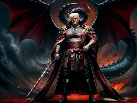 Imposing figure Donald Trump, ((dark beard and piercing gaze)), traditional robe with ((intricate floral and dragon design)), standing amidst a swirl of red clouds, a powerful presence, hands gripping a blood-stained sword, suggesting a fierce battle has taken place.