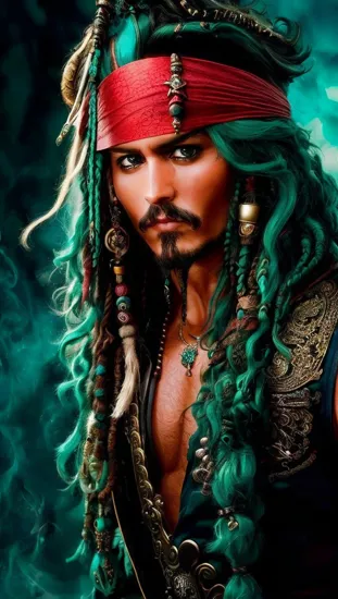 Johnny Depp, Serpentine allure, (turquoise hair), ((charismatic male @JohnnyDepp)), coiled dragon, enchanting green eyes, (intricate scales), mystical jewelry, (presence of charm), verdant glow.