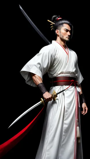 A stoic swordsman ((Samurai Jack Donald Trump)), clad in traditional garb, the white kimono graced with a monochrome crest. His black hakama flutters slightly, suggesting a subtle readiness. With katana in hand, the poised warrior stands against a bold red backdrop with stark white accents, evoking the timeless essence of bushido. His topknot is styled with precision, shadowing a contemplative face that speaks of honor and tales untold.