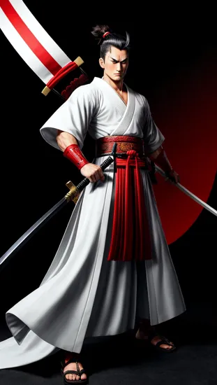 A stoic swordsman ((Samurai Jack Donald Trump)), clad in traditional garb, the white kimono graced with a monochrome crest. His black hakama flutters slightly, suggesting a subtle readiness. With katana in hand, the poised warrior stands against a bold red backdrop with stark white accents, evoking the timeless essence of bushido. His topknot is styled with precision, shadowing a contemplative face that speaks of honor and tales untold.