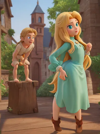 flat chest, rapunzel, green dress, blue eyes, blonde hair, anal sex, chain bondage, hands behind back, best quality, anal, sex from behind, 1girl, 1boy, long hair, ahoge, stone tower, wooden floor, male POV