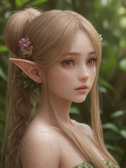 fashion photography portrait of fairy elf in the jungle, flower in hair, hime cut long hair with low tied back braided ponytail, 3d render, cgi, symetrical, octane render, 35mm, bokeh, 9:16, (intricate details:1.12), hdr, (intricate details, hyperdetailed:1.15), (natural skin texture, hyperrealism, soft light, sharp:1.2)