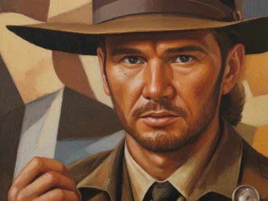 p1c4ss0,  cubism oil painting of Indiana Jones made out of round and square shapes, 