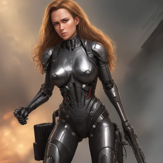 terminator woman, with a lot body scratched, with weapons, highly detailed