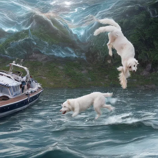 l_ling,luckydog,masterpiece,uhd,high quality,UNDER WATER landscape,cinematic style,theme dark blue (((photography long exposure of  White dog,woman , fly bird,swallow,boat,tung flower,tung blossom falling the water surface and boat,waterfall,ice mountain,lake,sunset,3d render Splash Art,white dog,woman image appear on THE boat OF high speed driver and super strong Splash sputtering,The dreamy  light and shadow on the water surface reflect each other,ray tracing))),Splash Art ,(strong multiple water swirl) ,  strong multiple golden light of star trails night,multiple changeable star trails starlight night,(( strong reflection of  star astral shape golden light  star trails and shadow, triple spiral shape star and star light burst flying  and quickly moving shining upon to the ground  mapping the body of white dog, multiple exposure ,moving,flying,ray tracing)),light smile,beautiful eyes face,high details,realistic photo ,raw photo,8k ,hdr   
