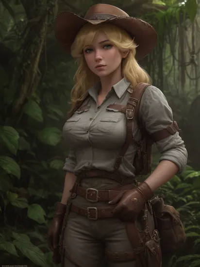 (realistic:1.3), princess peach, blonde hair, blue eyes,   , solo, upper body, detailed background, detailed face, (indiana jones theme:1.1), explorer, spelunking,  rugged tattered  leather clothes, shirt, wide brim hat,   holster,  belt, gloves, (leather pouches:0.4), lantern, (derelict:0.7) tropical jungle background, vines,  mold,   dark cinematic atmosphere,  shadows, dim light, mist,, 3d, unreal engine, octane render, ((masterpiece)), (best quality), 8k, ultra-detailed, absurdress IVE detailed and realistic, highly detailed, detailed face, front view, rendered in octane, middle shot, trending on artstation, artstationHD, artstationHQ, patreon, 4k, 8k
