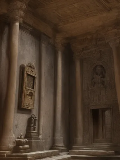 (masterpiece), a Gameboy on a pedestal as an old relic, detailed background of a old temple, dark , dim light, realistic, Indiana Jones movie ambiance,