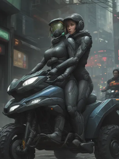 Two people, Cortana and Master Chief riding together on a quadbike, Cortana holding tight to Master Chief with her arms tight around his hips, reimagined in cyberpunk   