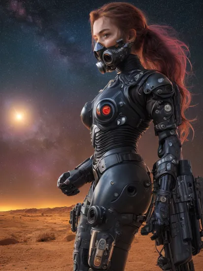masterpiece, high quality, a 30yo cyborg terminator woman, wearing a gas mask, in a desert, colorful hair, perfect face, (side view), nice thighs, night time, starry night, galaxies and cosmos, magic explosions in background, cool atmosphere, 8k, uhd, absurdres
