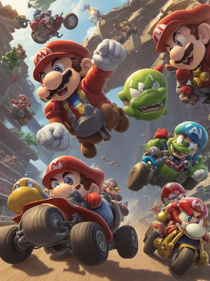 Mario Kart Race with (Avengers 1.5): Organize a chaotic race where the Avengers, equipped with Mario Kart vehicles, compete in a light-hearted and hilarious showdown. ultra realistic,dynamic pose, white hair, (masterpiece) (best quality) (detailed) (8k) (HDR) (wallpaper) (cinematic lighting) (sharp focus)