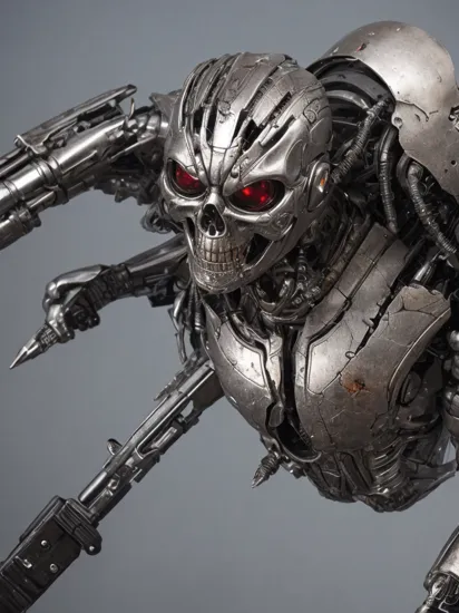 evil terminator,  with damaged skin and head showing the metal parts, using a futuristic weapon, hyper realistic, highly defined, highly detailed