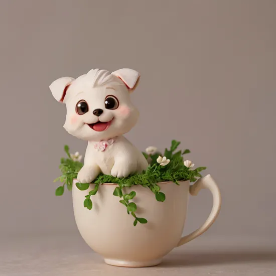A super cute teacup dog, showing his head, smiling happily, the dog is fluffy, flower white, the teacup is flower pot style, ceramic material, clean background solid color, super delicate image quality, Pixar style, super delicate details, shiny snow white fluffy, 16K, ultra clear