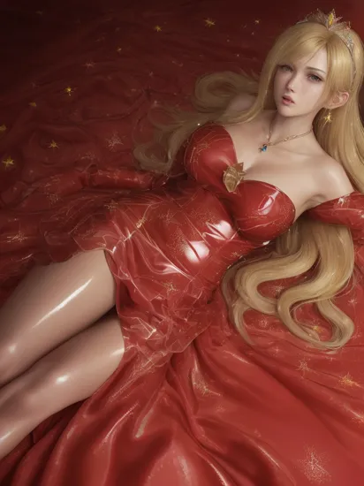 professional detailed photo, (samus aran:1.2) dressed in (latex strapless (Rosalina red dress:1.2), (long straight blonde hair), (jewelry, red dress, princess crown, jewel brooch, long wide sleeves), (perfect face, beautiful face, symmetric face), (shiny glossy translucent clothing, gleaming oily latex fabric :1.1), (sparkles, sparkling hair, sparkling clothes, sparkles around face:1.3),
8k, RAW photo, photo-realistic, masterpiece, best quality, absurdres, incredibly absurdres, huge filesize, extremely detailed, High quality texture, physically-based rendering, Ray tracing,